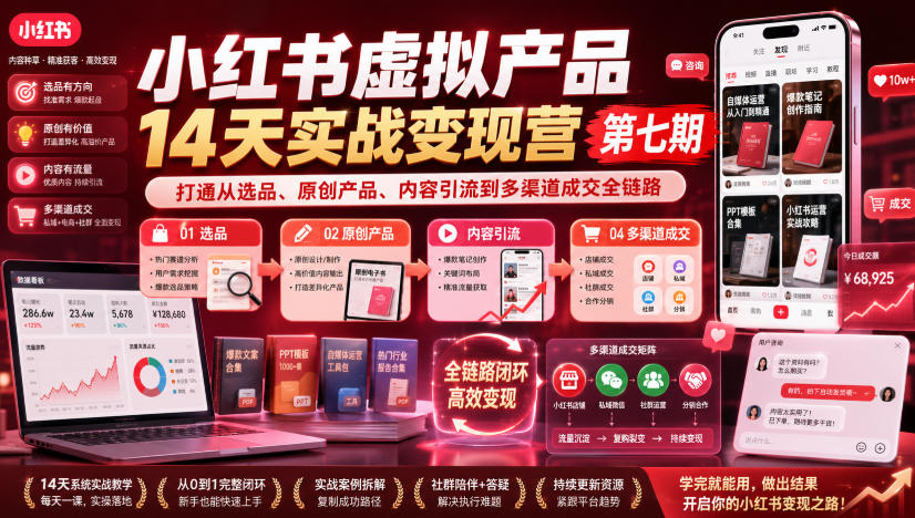 小红书虚拟产品14天实战变现营第七期，打通从选品、原创产品、内容引流到多渠道成交全链路-校睿铺