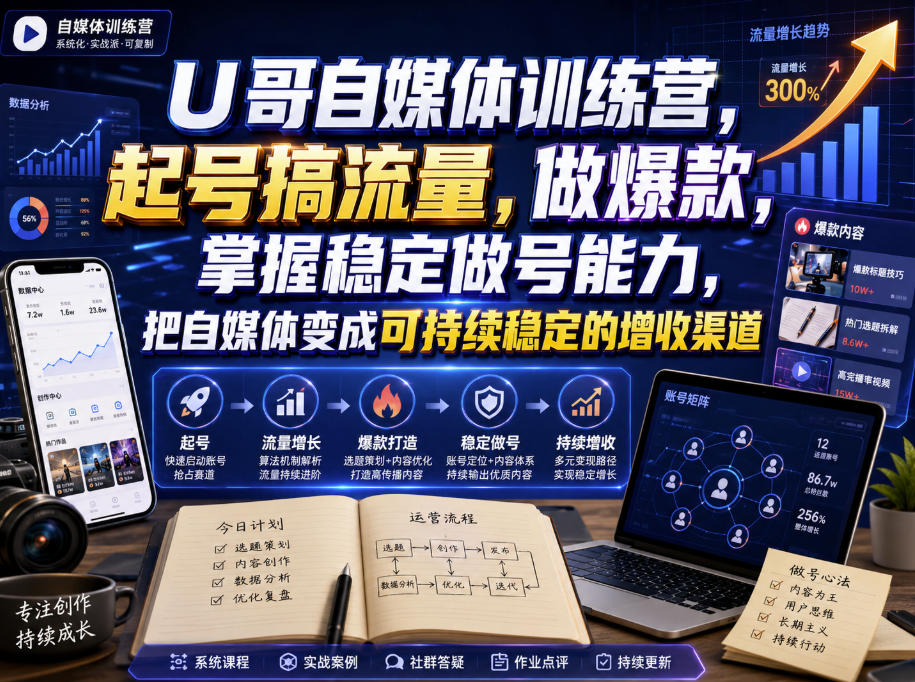 U哥自媒体训练营，起号搞流量，做爆款，掌握稳定做号能力，把自媒体变成可持续稳定的增收渠道-校睿铺