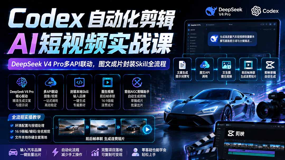 Codex自动化剪辑AI短视频实战课｜DeepSeek V4 Pro多API联动，图文成片封装Skill全流程-校睿铺