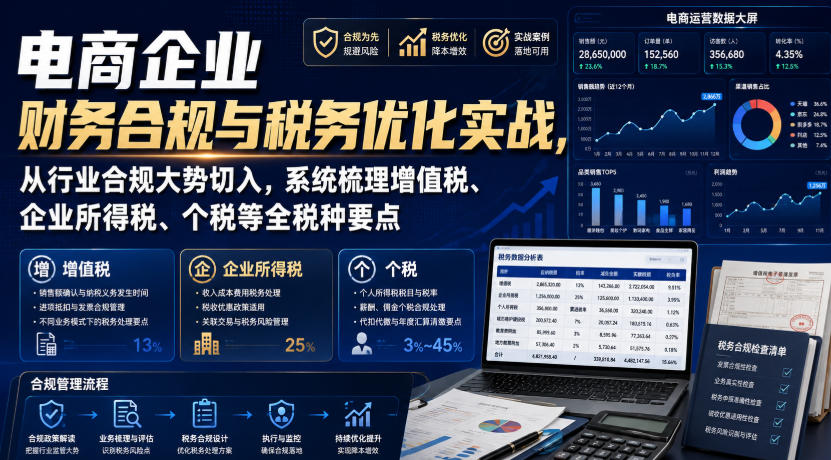 电商企业财务合规与税务优化实战，从行业合规大势切入，系统梳理增值税、企业所得税、个税等全税种要点-校睿铺