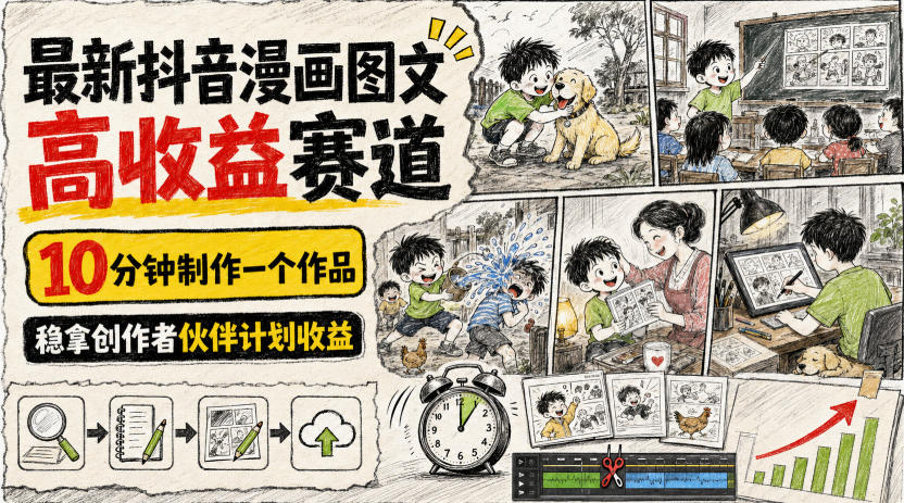 最新抖音漫画图文高收益赛道，10分钟制作一个作品，稳拿创作者伙伴计划收益-校睿铺