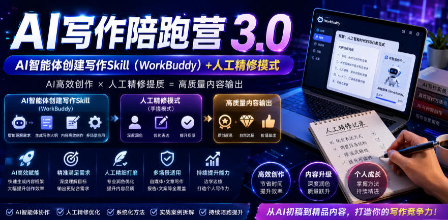 AI写作陪跑营3.0，Ai智能体创建写作skill(workbuddy)+人工手写模式(手搓模式)，去除AI痕迹(头条号、公众号、百家号)(更新0806)-校睿铺