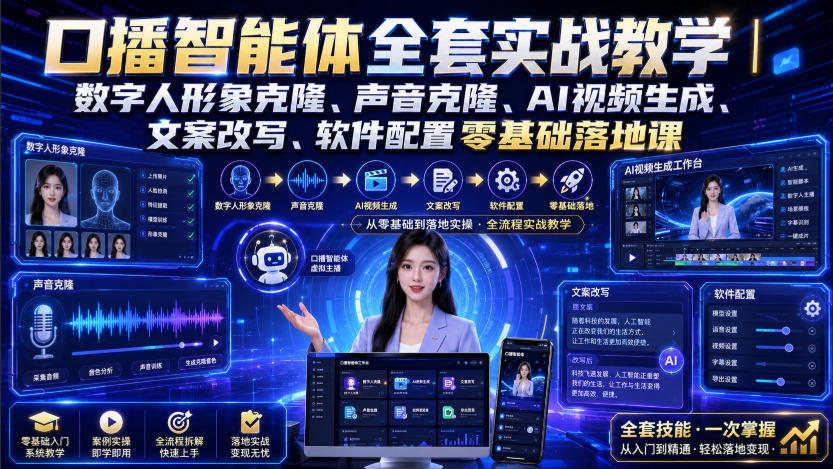 口播智能体全套实战教学｜数字人形象克隆、声音克隆、AI视频生成、文案改写、软件配置零基础落地课-校睿铺