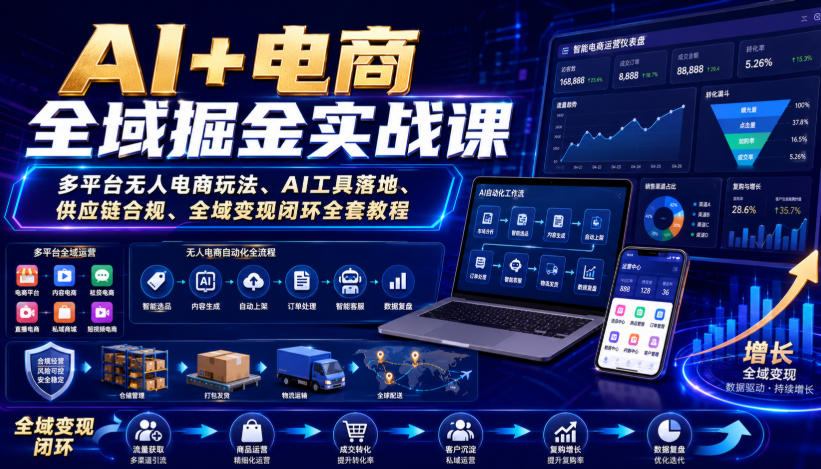 AI+电商全域掘金实战课｜多平台无人电商玩法、AI工具落地、供应链合规、全域变现闭环全套教程-校睿铺
