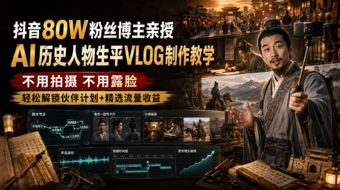 抖音80W粉丝博主的AI历史人物生平VLOG教学，不用拍摄不用露脸，AI帮你搞定，轻松解锁伙伴计划+精选收益-校睿铺