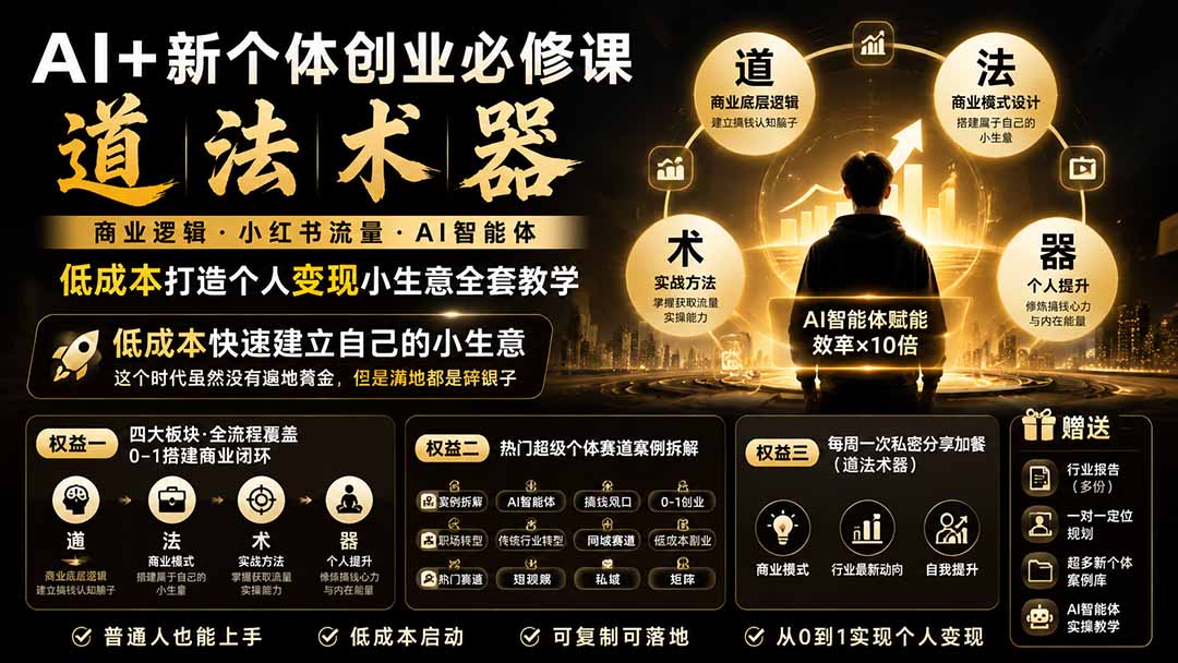 AI+新个体创业必修课｜道法术器｜商业逻辑·小红书流量·AI智能体｜低成本打造个人变现小生意全套教学-校睿铺
