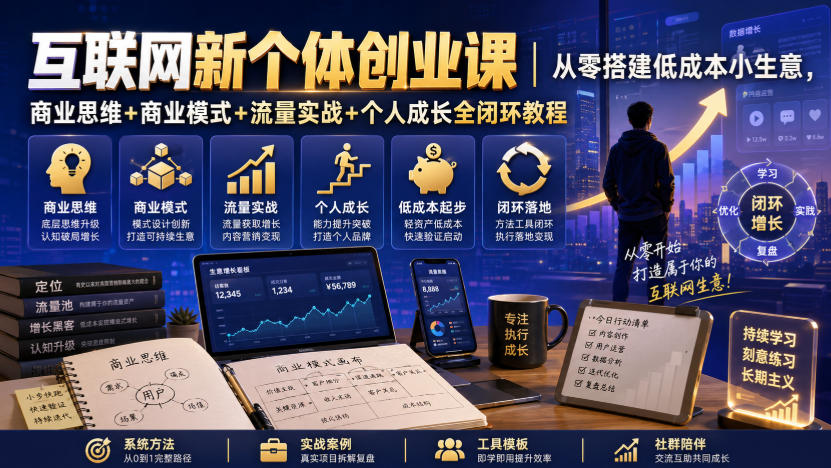 互联网新个体创业课｜从零搭建低成本小生意，商业思维+商业模式+流量实战+个人成长全闭环教程-校睿铺