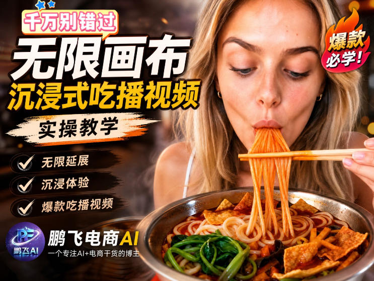 保姆级教程｜用AI无线画布做沉浸式吃播，3步直接出片，无线画布工作流，操作简单好上手-校睿铺