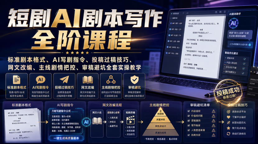 短剧AI剧本写作全阶课程｜标准剧本格式、AI写剧指令、投稿过稿技巧、网文改编、主线剧情把控、审稿避坑全套实操教学-校睿铺