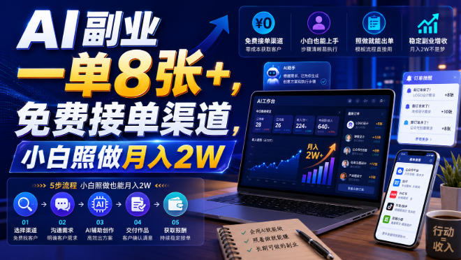 AI副业一单8张+，免费接单渠道，小白照做月入2W【揭秘】-校睿铺