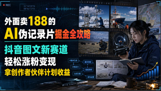 外面卖188的AI伪记录片掘金全攻略，抖音图文新赛道，轻松涨粉变现，拿创作者伙伴计划收益【文档】-校睿铺
