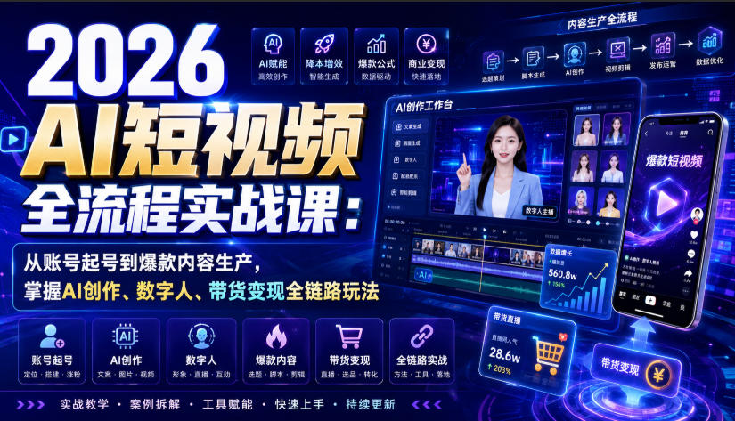 2026 AI短视频全流程实战课：从账号起号到爆款内容生产，掌握AI创作、数字人、带货变现全链路玩法-校睿铺