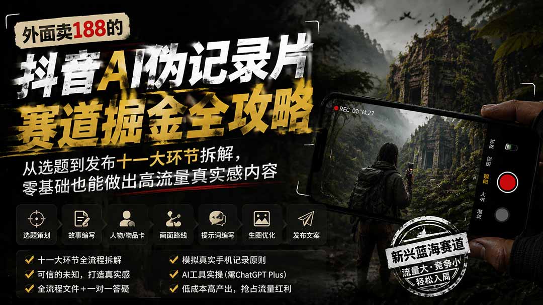 外面卖188的抖音AI伪记录片赛道掘金全攻略；从选题到发布十一大环节拆解，零基础也能做出高流量真实感内容-校睿铺