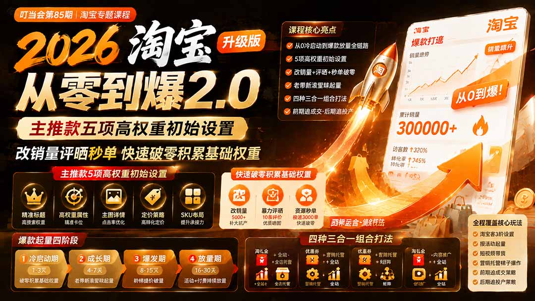 2026淘宝从零到爆2.0第85期；主推款五项高权重初始设置，改销量评晒秒单快速破零积累基础权重-校睿铺