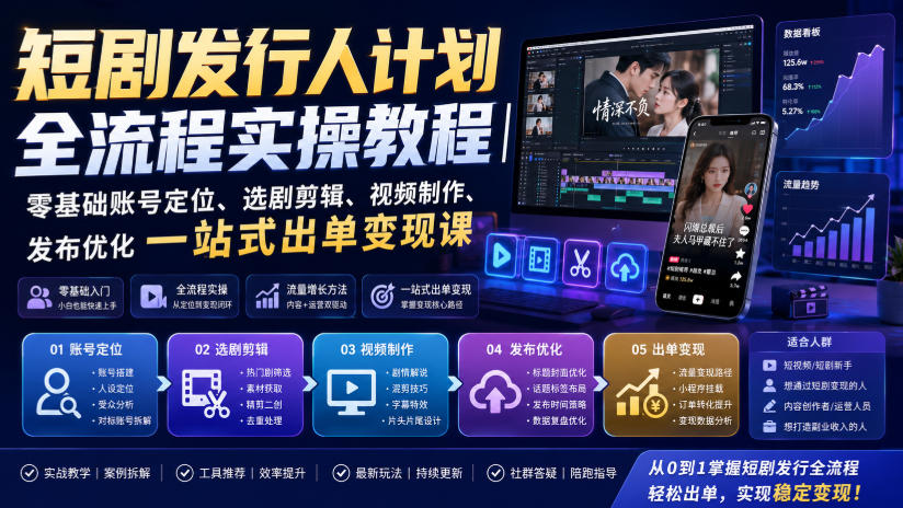 短剧发行人计划全流程实操教程｜零基础账号定位、选剧剪辑、视频制作、发布优化一站式出单变现课​-校睿铺