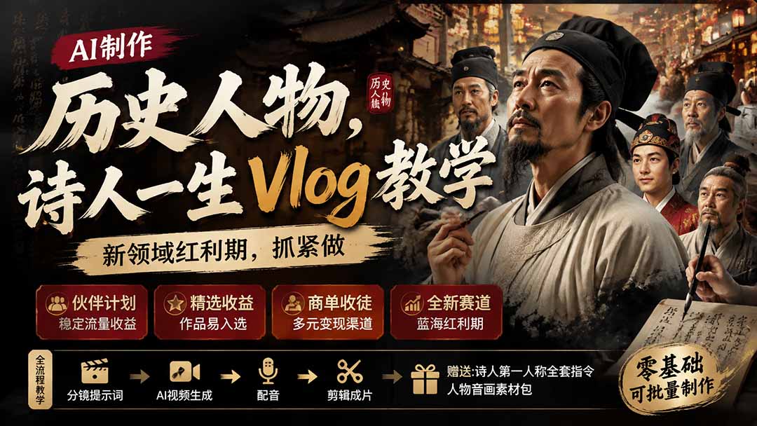 历史人物，诗人一生Vlog教学， AI制作丨伙伴计划丨精选收益丨商单收徒 ，新领域红利期，抓紧做-校睿铺