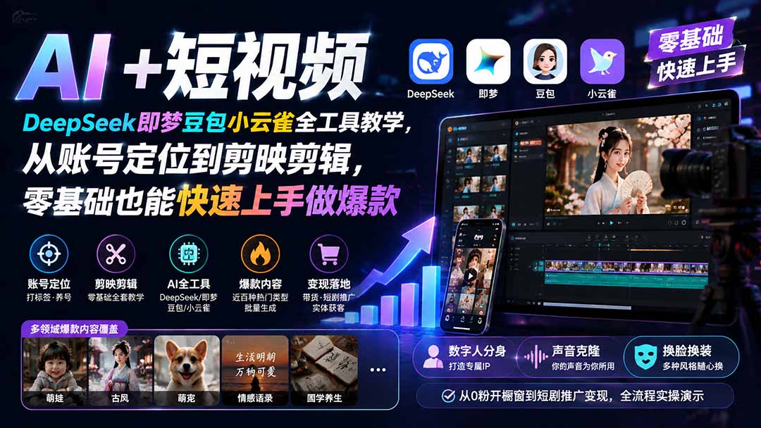AI+短视频｜DeepSeek即梦豆包小云雀全工具教学，从账号定位到剪映剪辑，零基础也能快速上手做爆款-校睿铺