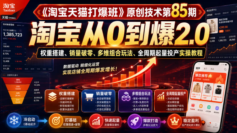 《淘宝天猫打爆班》原创技术第85期，淘宝从0到爆2.0，权重搭建、销量破零、多维组合玩法、全周期起量投产实操教程-校睿铺
