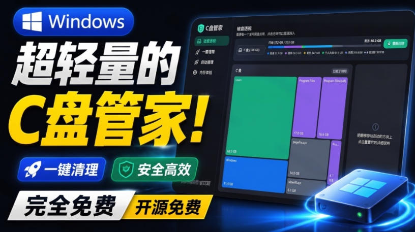 Windows超轻量的C盘管家！超级有特点，支持磁盘分析及清理提醒，2M大小体积，完全免费C盘管家-校睿铺