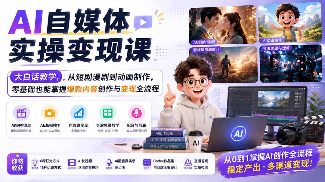 AI自媒体实操变现课｜大白话教学，从短剧漫剧到动画制作，零基础也能掌握爆款内容创作与变现全流程-校睿铺