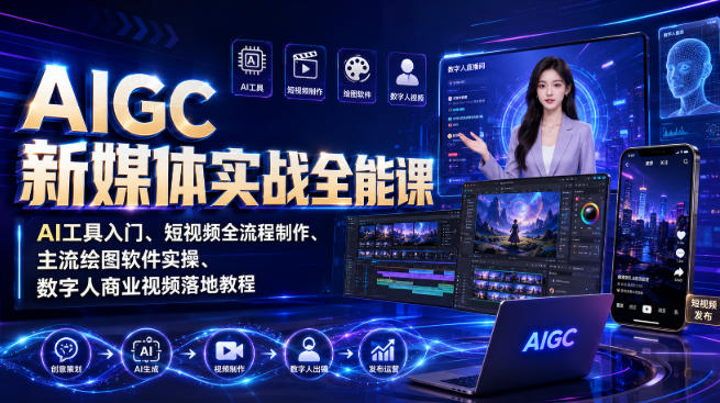 AIGC新媒体实战全能课｜AI工具入门、短视频全流程制作、主流绘图软件实操、数字人商业视频落地教程-校睿铺