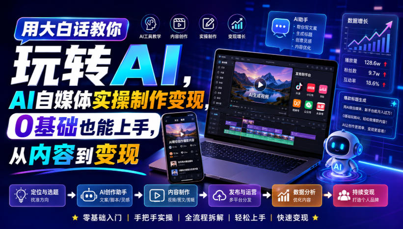 用大白话教你玩转AI，AI自媒体实操制作变现，0基础也能上手，从内容到变现-校睿铺