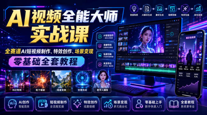 AI视频全能大师实战课｜全赛道AI短视频制作、特效创作、场景变现零基础全套教程-校睿铺