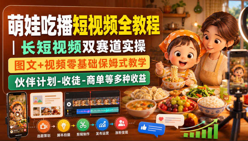 萌娃吃播短视频全教程｜长短视频双赛道实操，图文+视频零基础保姆式教学，伙伴计划-收徒-商单等多种变现方式-校睿铺