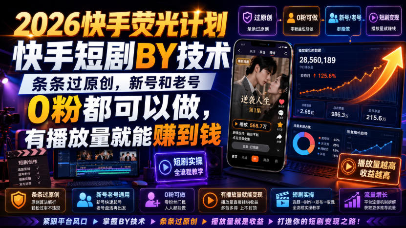 2026快手荧光计划，快手短剧搬运技术，条条过原创，新号和老号0粉都可以做，有播放量就能賺到钱-校睿铺